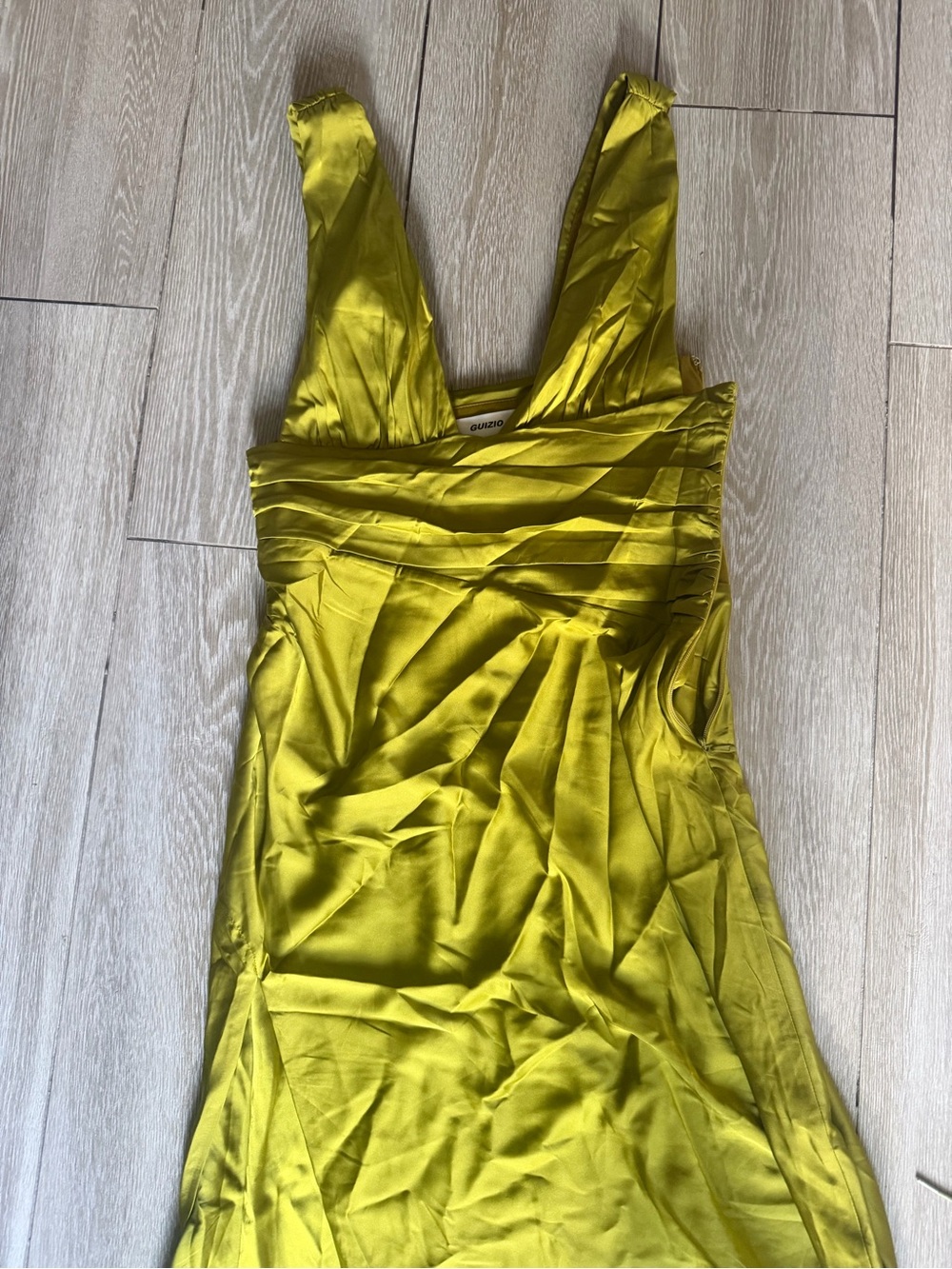 Danielle Guizio Olive-Yellow Satin Midi Dress